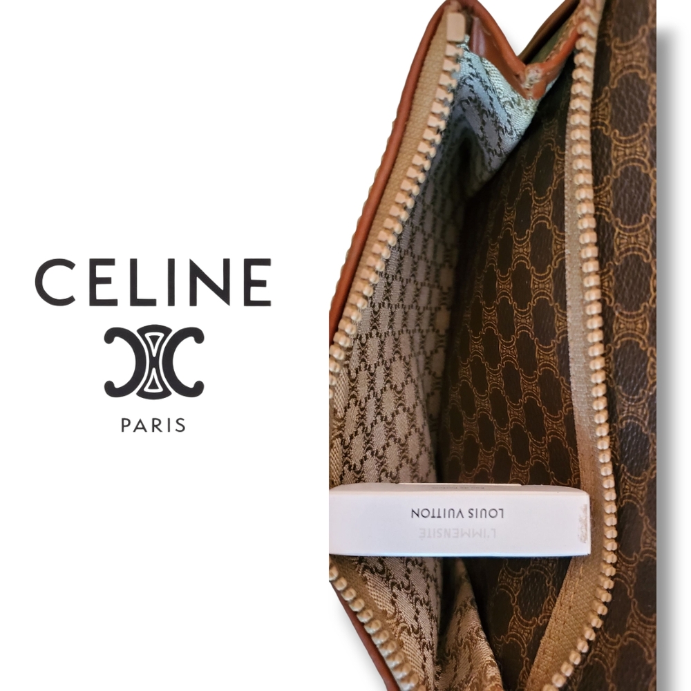 Vintage Celine Y2K Brown Monogram Clutch featuring Gold Hardware & Leather Strap - Picture 8 of 15